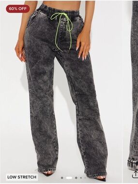 Fashion Nova Black Acid Wash Joggers with Neon Green Drawstring